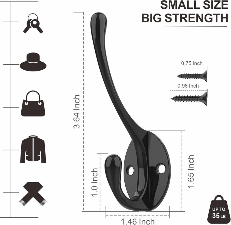 PRIGVOT Heavy-Duty Metal Coat Hooks for Wall, 10-Pack Black Wall Mounted Hooks with 20 Screws, Double Robe Hooks for Coat, Hat, Robe, Towel, Entryway, Bathroom, Kitchen - Image 3